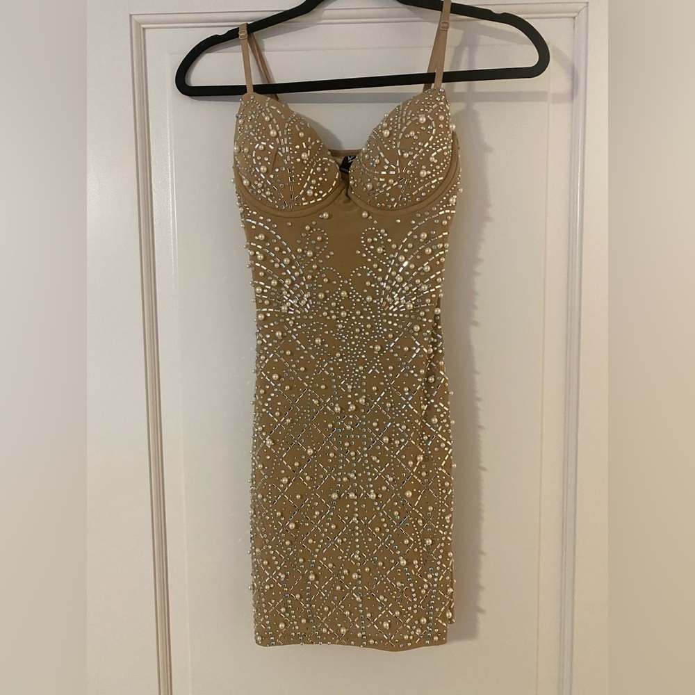 Windsor Nude Pearl and Rhinestone Mini Dress